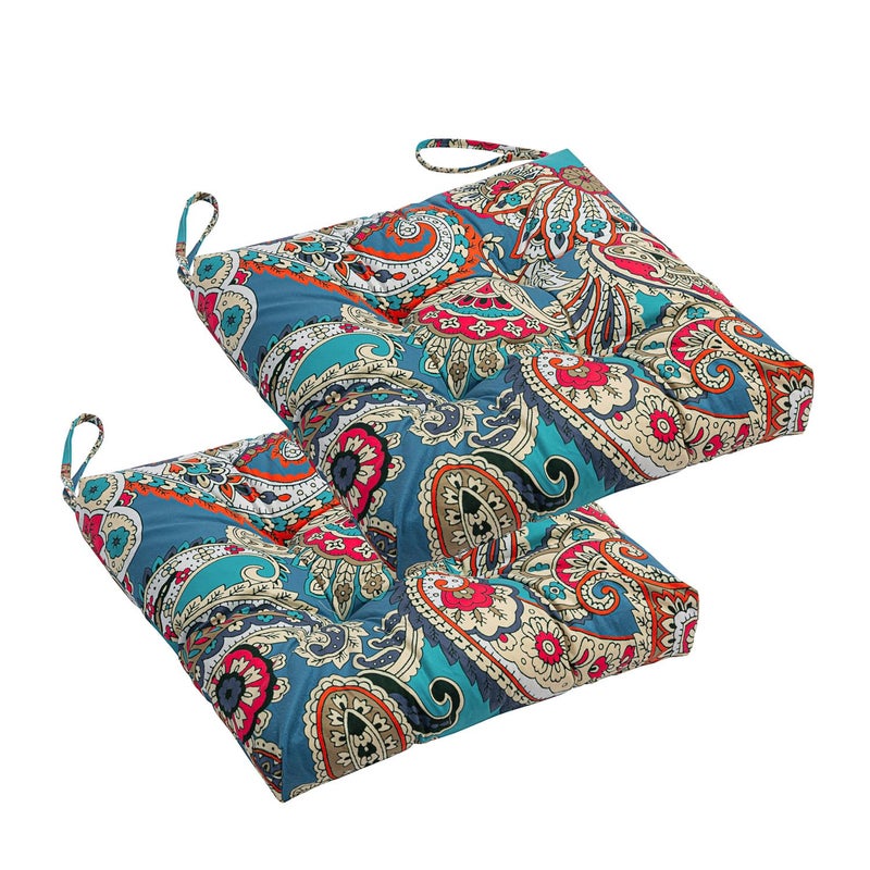 Makimoo 2-Pack Outdoor/Indoor Wicker Patio Seat Cushion Pad with Ties - Decorative Dining Chair Cushion  17"" x 17"" (Blue Trumpet Flowers) - Image 1